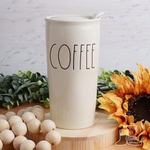Rae Dunn COFFEE White Ceramic Travel Tumbler with Lid